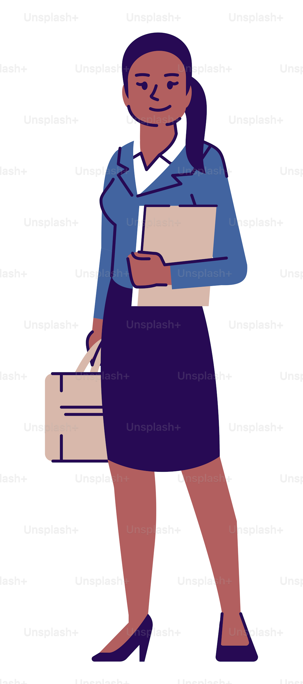 Attorney-at-law semi flat RGB color vector illustration. Businesswoman in suit holding documents isolated cartoon character on white background