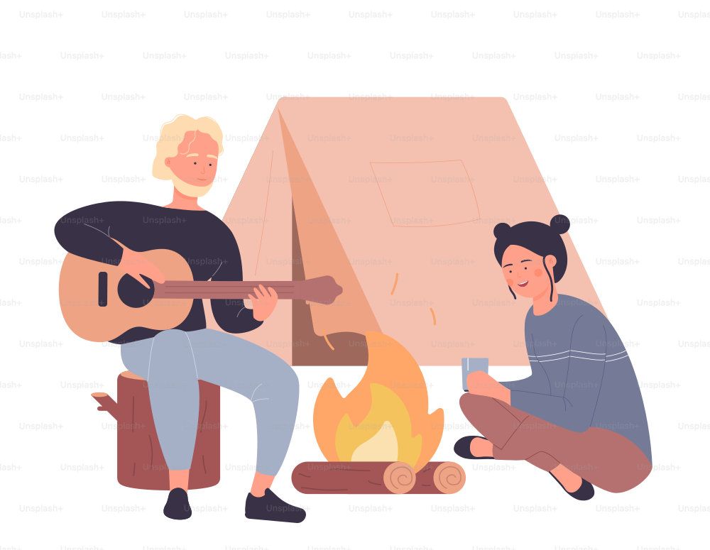 Friends on camping playing guitar around bonfire. Outdoor tourist travelling tent cartoon vector illustration