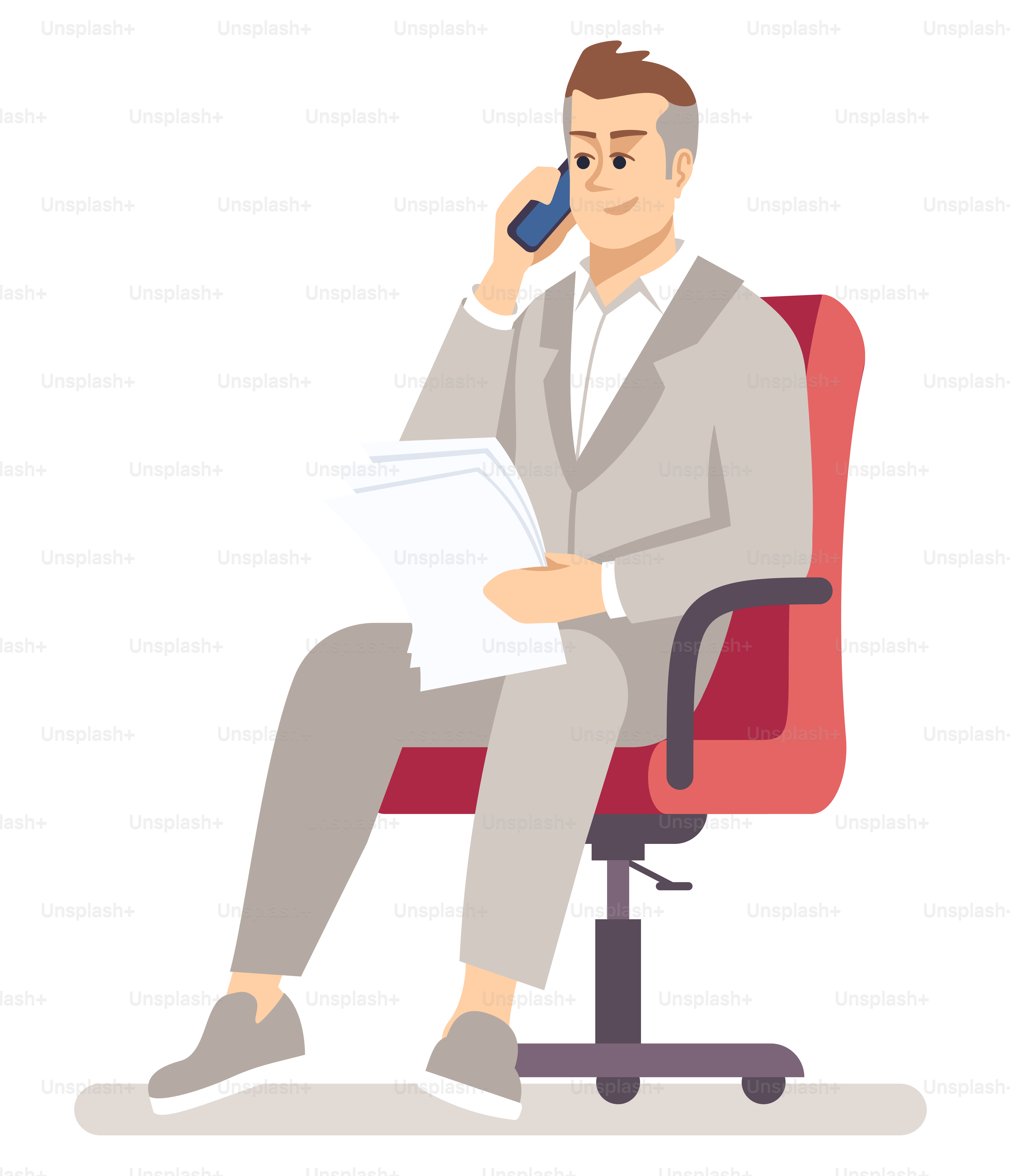 Director ejecutivo ocupado, ilustración vectorial RGB en color semi-plana. Hombre de mediana edad con traje haciendo negocios llamada personaje de dibujos animados aislado sobre fondo blanco