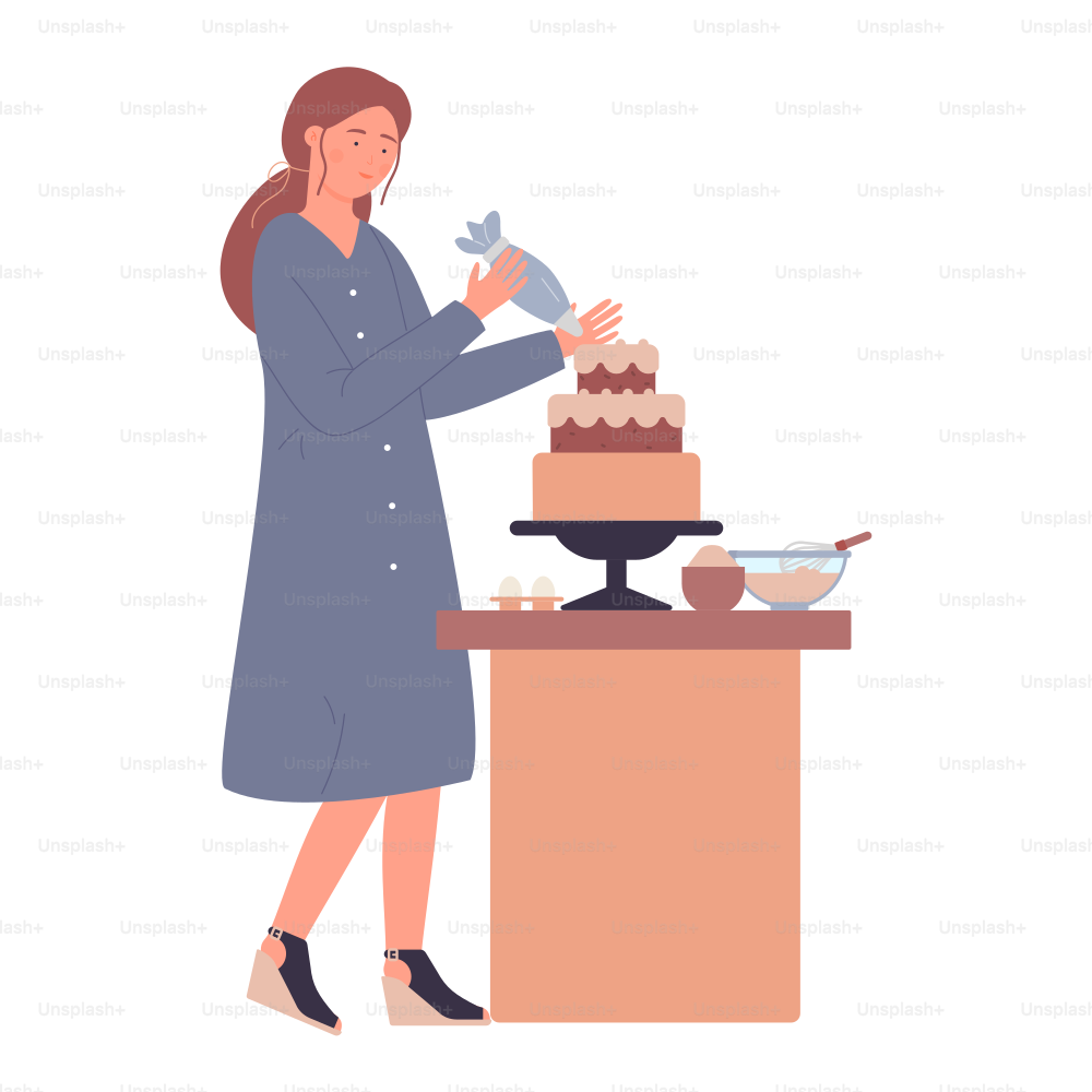 Mulher jovem sorridente decorando bolo de pastelaria com creme. Confeitaria deliciosas sobremesas assando trabalho cartoon ilustração vetorial