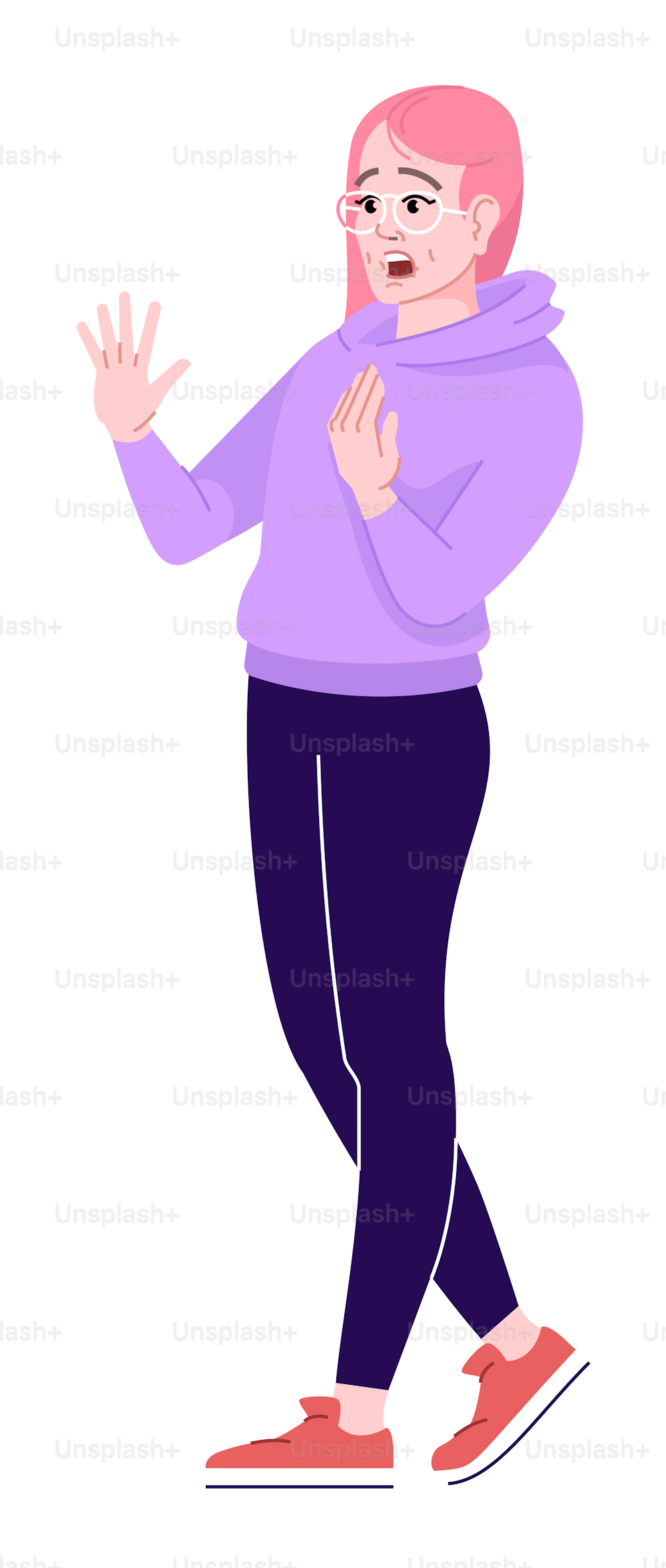 Shocked girl in sportswear semi flat RGB color vector illustration. Young woman in sportswear showing surprise isolated cartoon character on white background