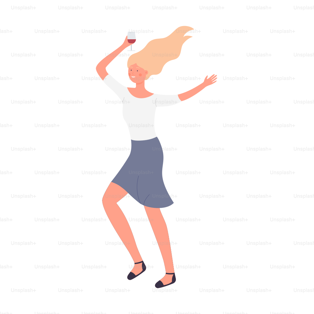 Celebration dancing girl with glass of wine. Woman in skirt having fun at the party cartoon vector illustration