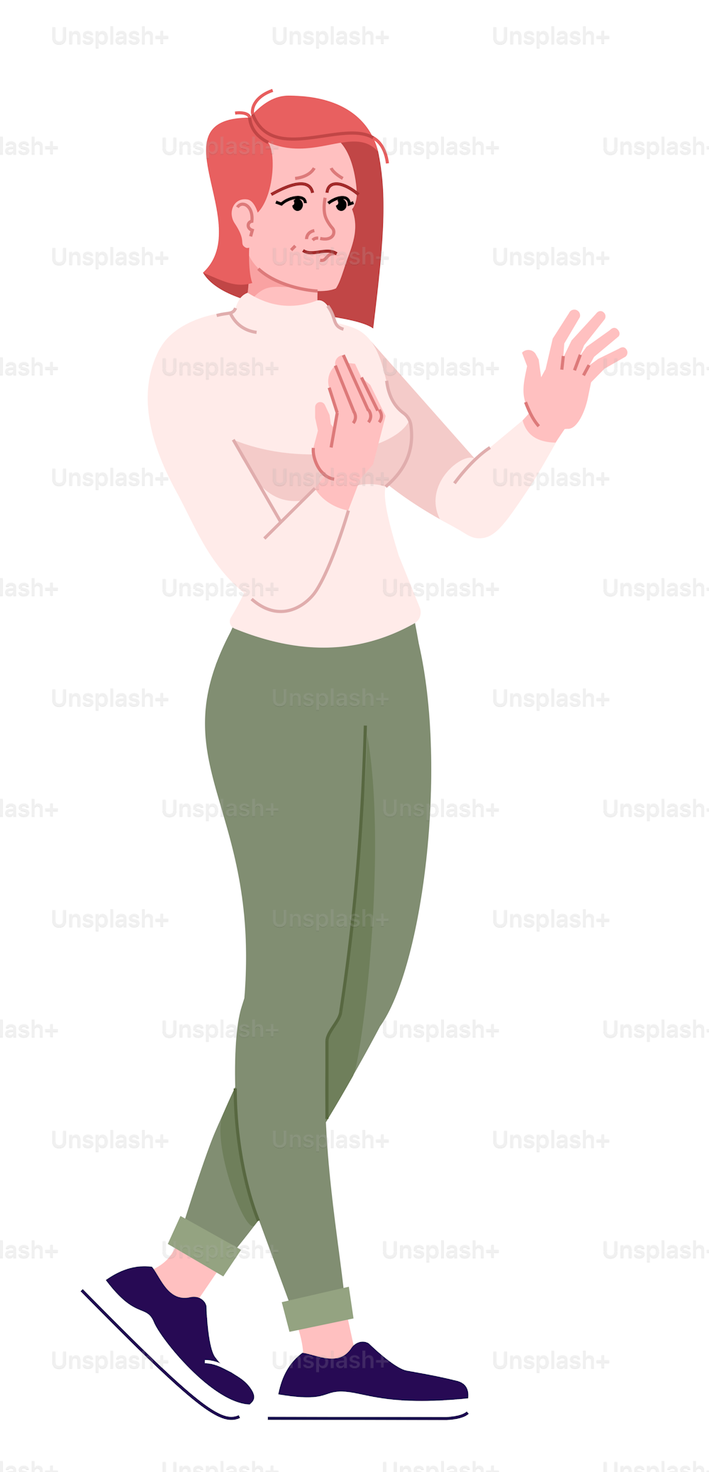 Illustration vectorielle couleur RVB semi-plate très sensible. Femme rousse se sentant touchée personnage de dessin animé isolé sur fond blanc