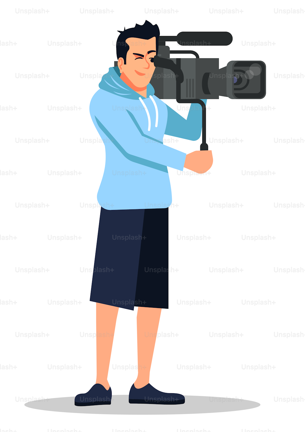 Shoot movie semi flat RGB color vector illustration. Mass media occupation. Filmmaker with shoulder mounted camera isolated cartoon character on white background