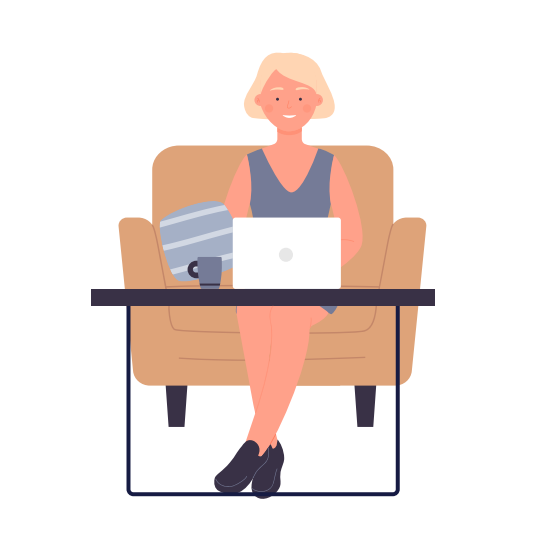Remote home working woman in cozy armchair. Distance house comfortable workstation cartoon vector illustration