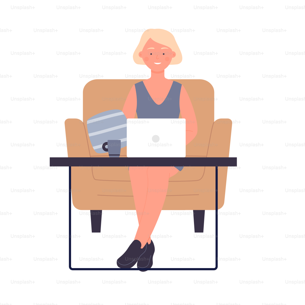 Remote home working woman in cozy armchair. Distance house comfortable workstation cartoon vector illustration