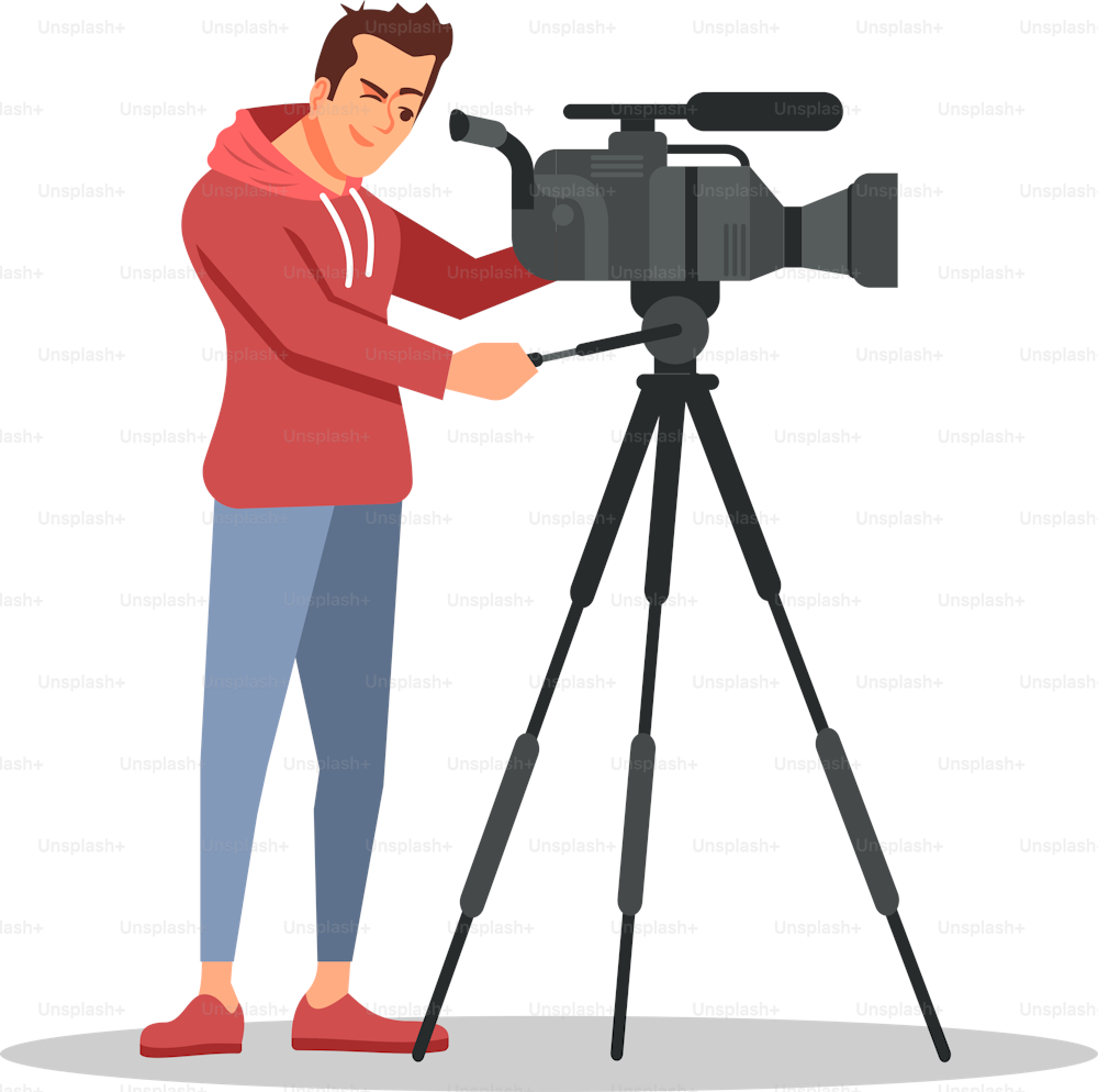 News camera operator semi flat RGB color vector illustration. Mass media occupation. Man operating professional video camera isolated cartoon character on white background