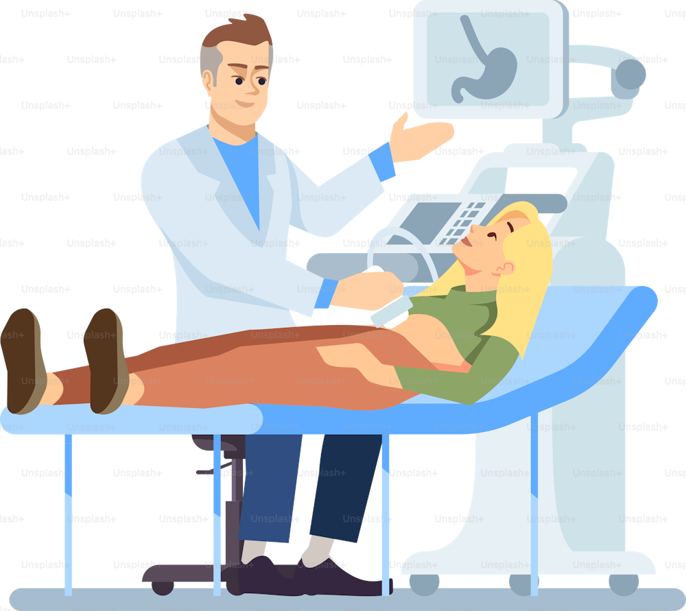 Stomach ultrasound semi flat RGB color vector illustration. Male gastroenterologist examining female patient isolated cartoon characters on white background