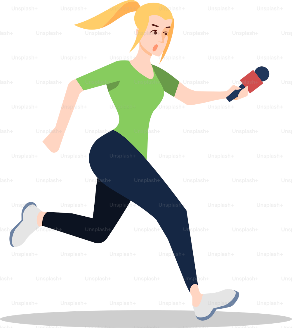 Street journalism semi flat RGB color vector illustration. Mass media occupation. Running female journalist with microphone isolated cartoon character on white background