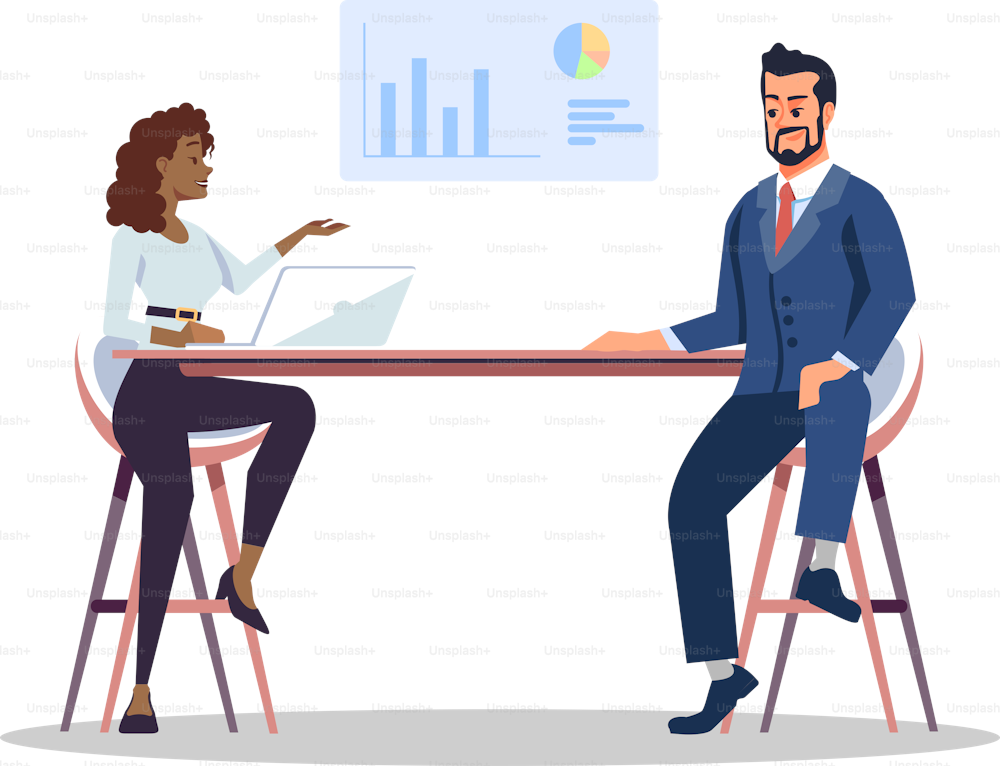 Data analytics discussion semi flat RGB color vector illustration. Mass media occupation. Female news presenter interviewing economic expert isolated cartoon characters on white background
