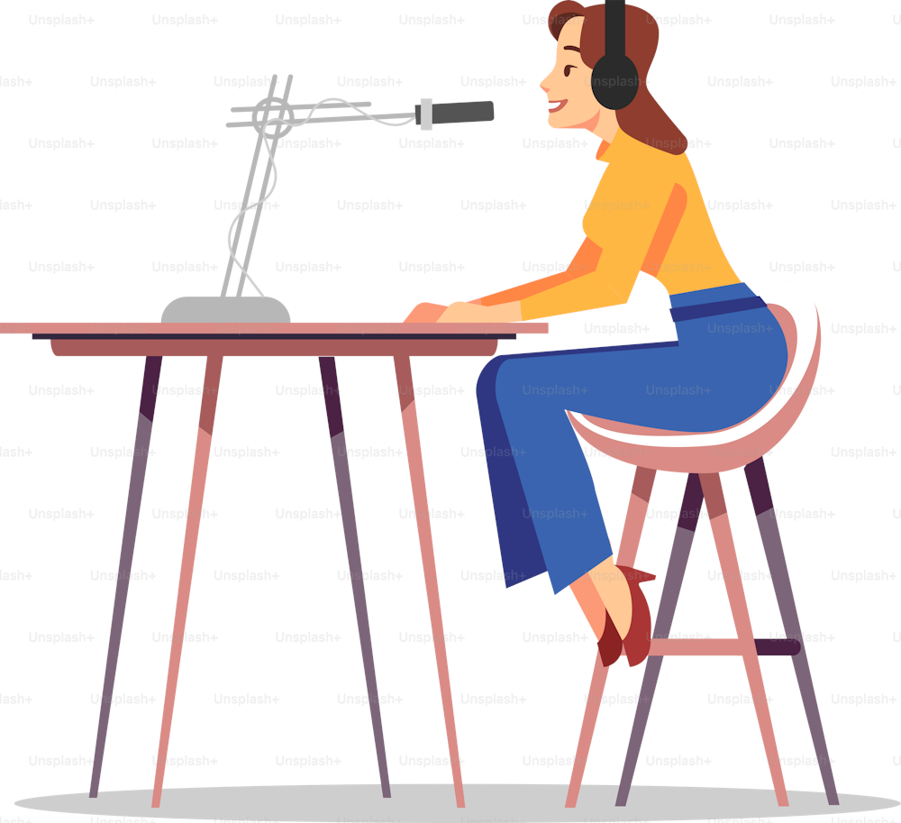Radio personality semi flat RGB color vector illustration. Mass media occupation. Female worker talking to listeners isolated cartoon character on white background
