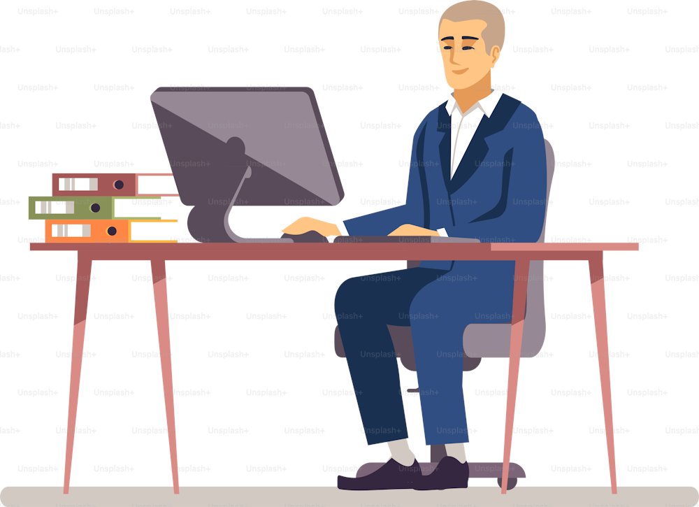 Ergonomic workstation semi flat RGB color vector illustration. Pleased office worker sitting in front of computer isolated cartoon character on white background
