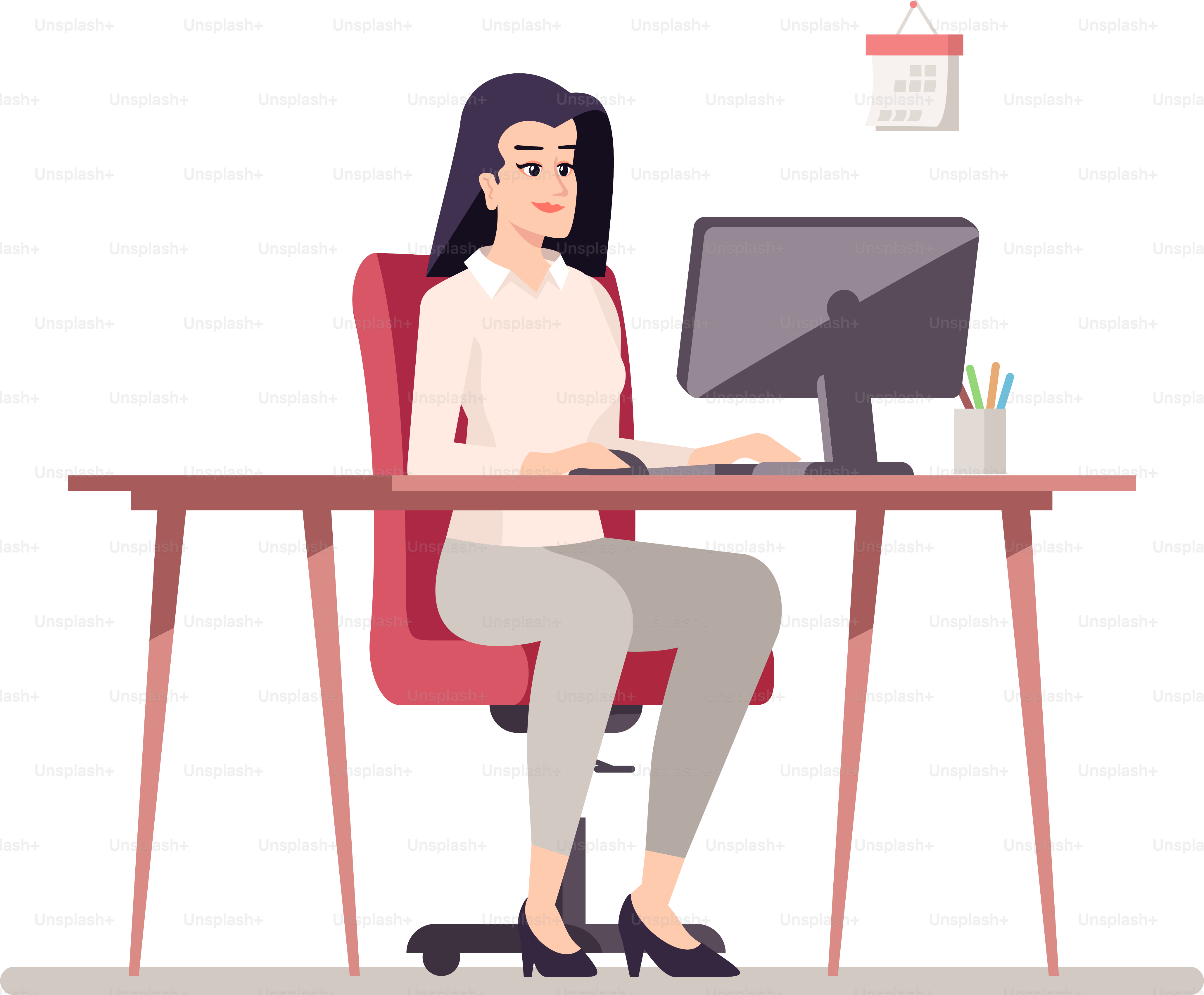 Komfortabler Arbeitsplatz mit halb-flacher RGB-Farbvektorillustration. Weibliche Büroangestellte in korrekter Sitzposition, isolierte Zeichentrickfigur auf weißem Hintergrund