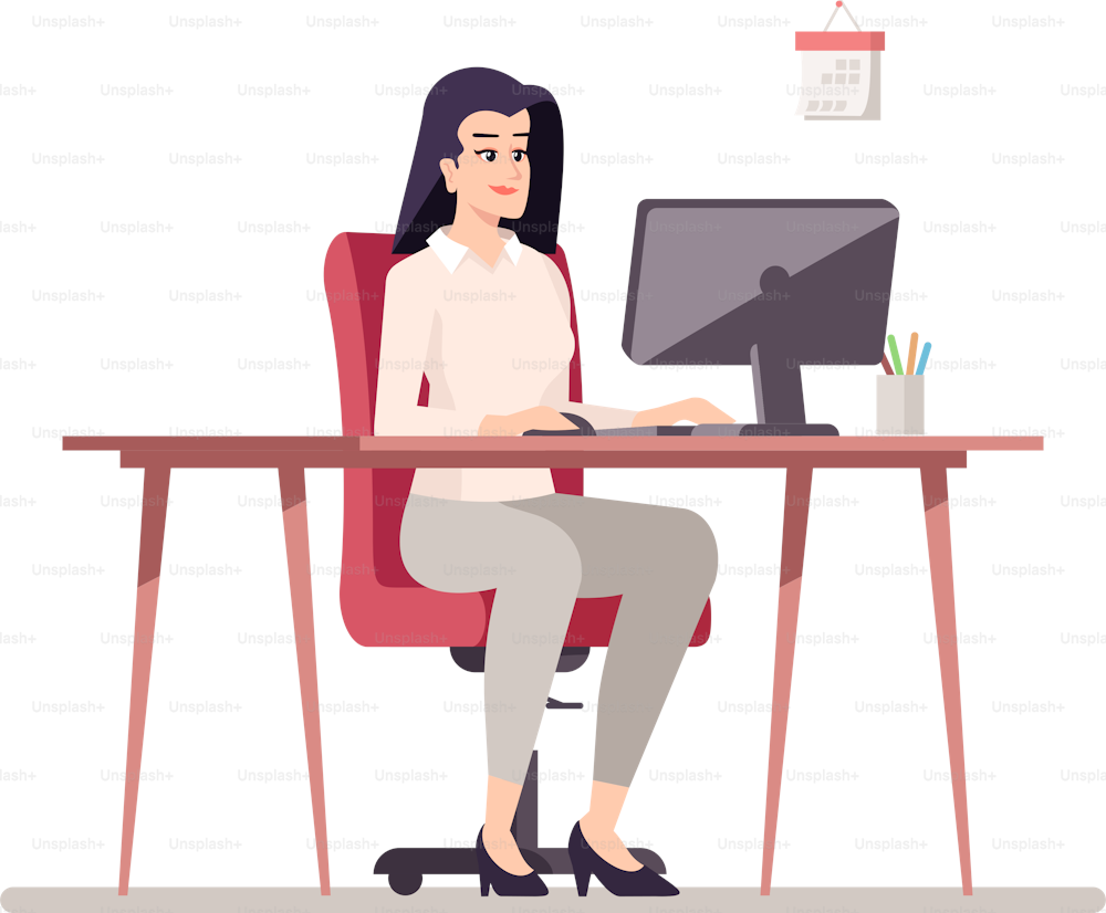 Comfortable workspace semi flat RGB color vector illustration. Female office worker in proper sitting pose isolated cartoon character on white background
