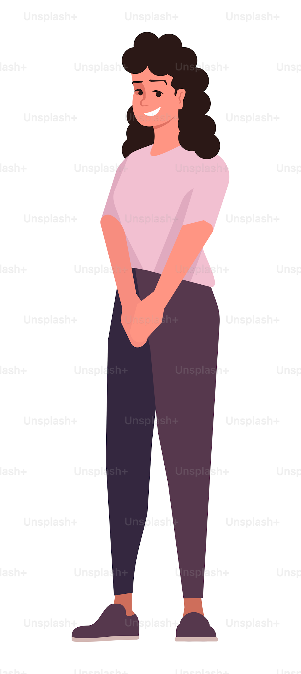Woman with confident smile semi flat RGB color vector illustration. Smiling young lady with curly hair isolated cartoon character on white background