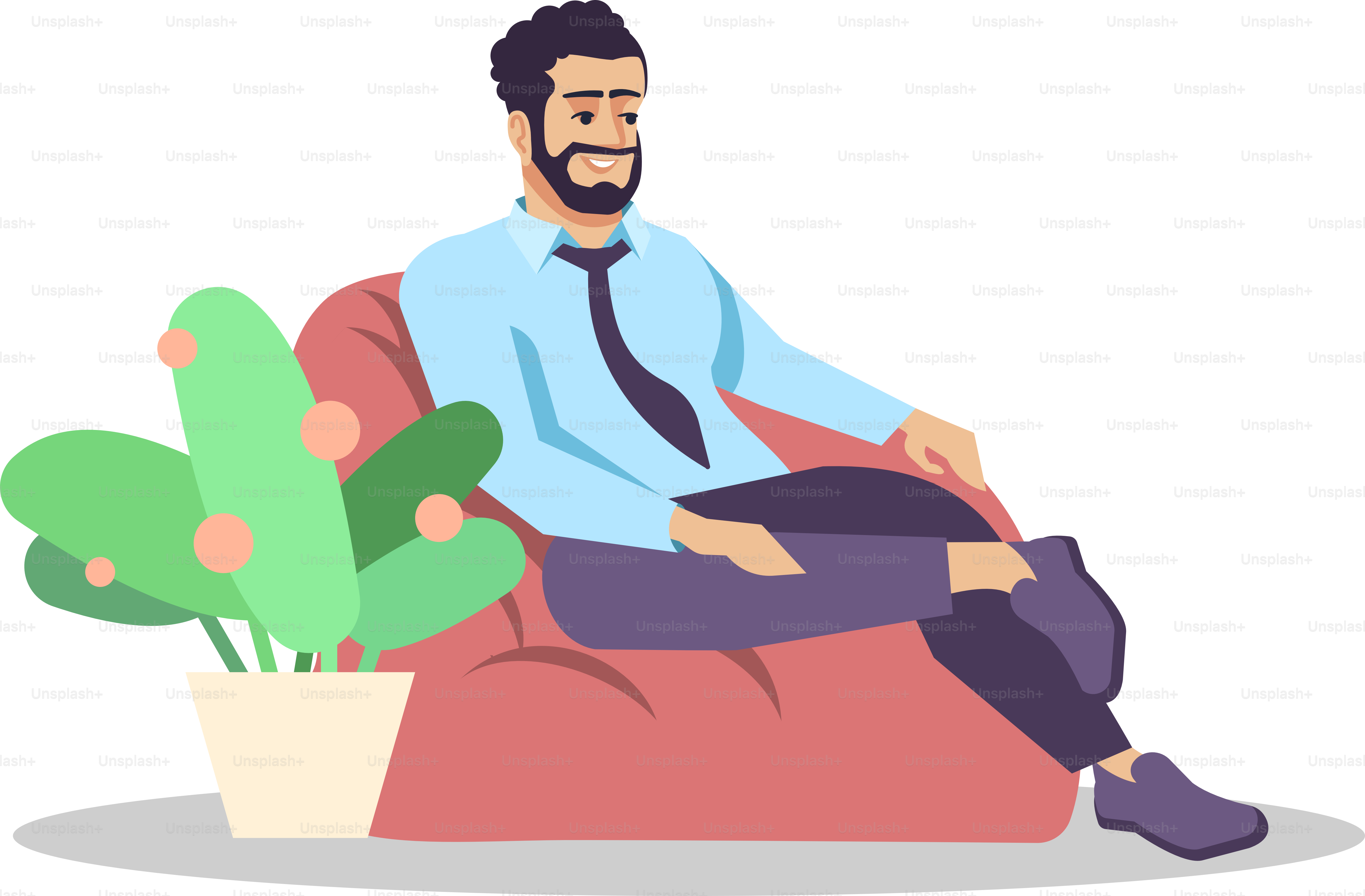 Trascorrere del tempo in una stanza ricreativa con illustrazione vettoriale RGB semi-piatta. Occupazione dei mass media. Uomo sorridente e barbuto che si rilassa su una poltrona a sacco di fagioli, personaggio isolato su sfondo bianco