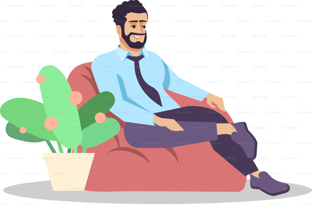 Spending time in recreational room semi flat RGB color vector illustration. Mass media occupation. Smiling bearded man relaxing on bean bag chair isolated cartoon character on white background
