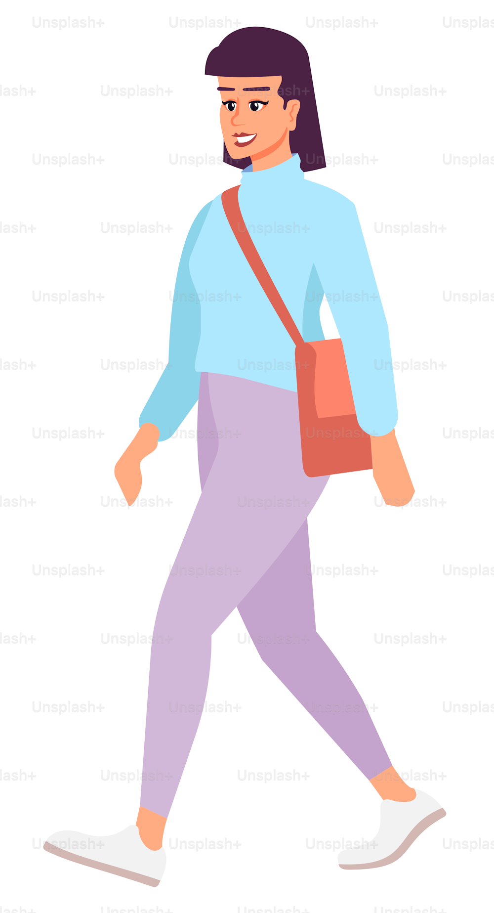 자신감 넘치는 레이디 세미 플랫 RGB 컬러 벡터 그림. 새로운 트렌디한 의상을 입고 하얀 배경에 고립된 만화 캐릭터를 입고 산책하는 여자