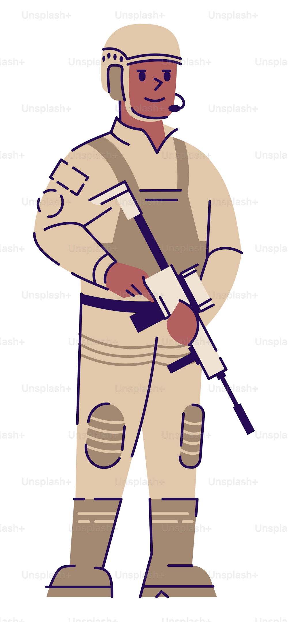 Illustration vectorielle couleur RVB semi-plate soldat à temps plein. Militaire portant des vêtements de protection personnage de dessin animé isolé sur fond blanc