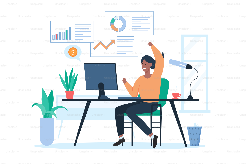 Profit growth and increase salary, financial investment. Happy rich businesswoman working at computer, rising arrow of charts and diagrams overhead flat vector illustration. Success, business concept