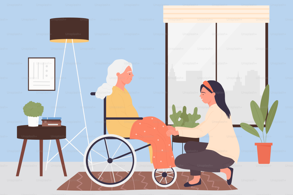 Home care services for elder people. Help of young female volunteer caregiver to old patient, disabled woman sitting in wheelchair flat vector illustration. Healthcare, retirement, disability concept