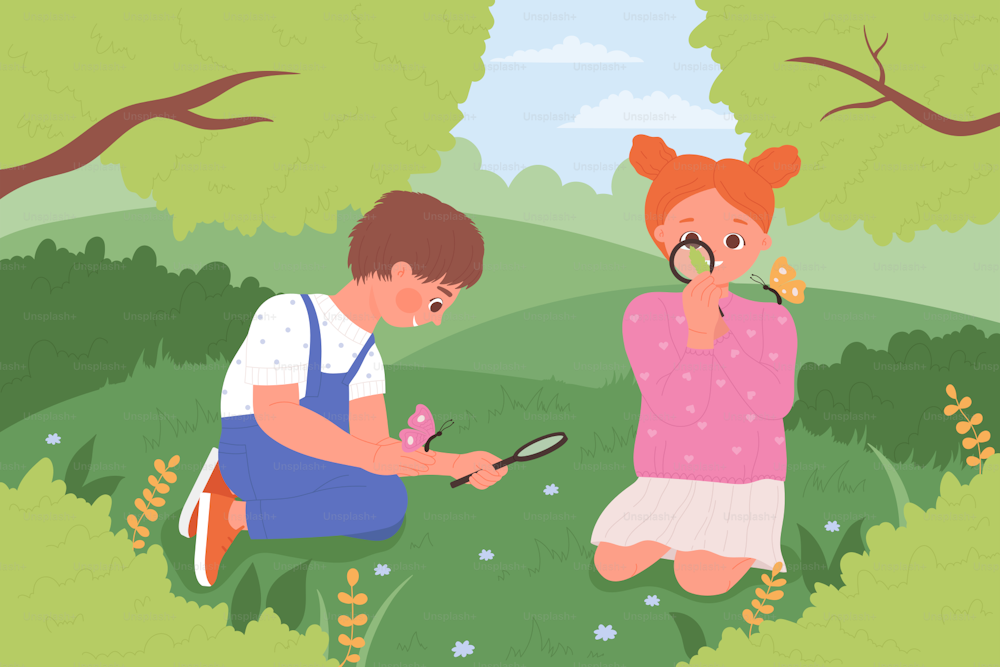 Children observe nature with magnifying glasses. Boy and girl holding cute insect, butterfly and leaf in hand, kids explore spring garden flat vector illustration. Discovery, biology, hobby concept