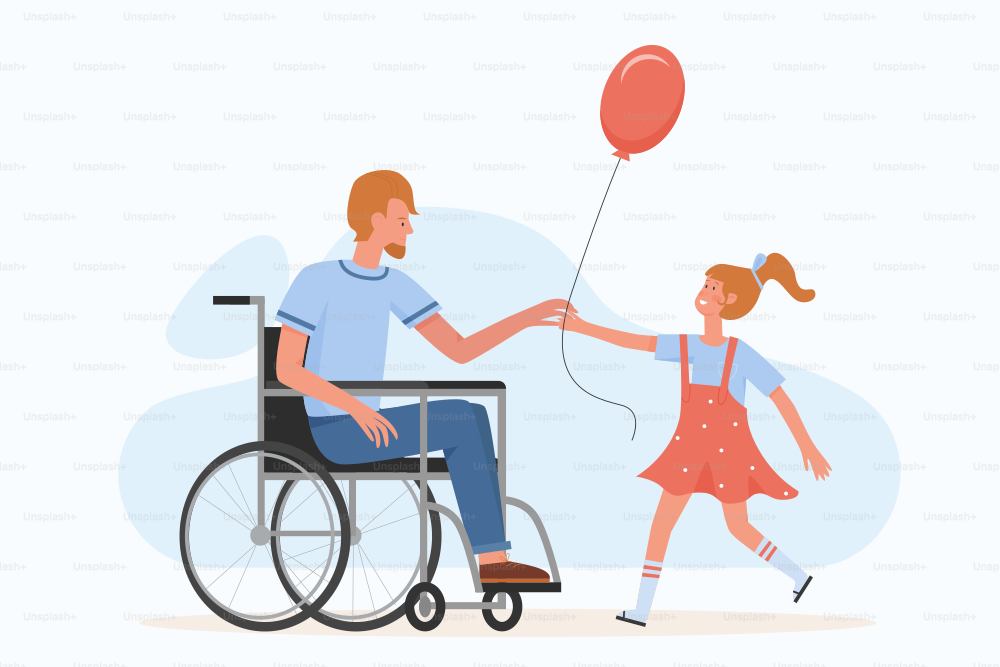 Parent with disability using wheelchair playing with his daughter. Family support and happy moments flat vector illustration