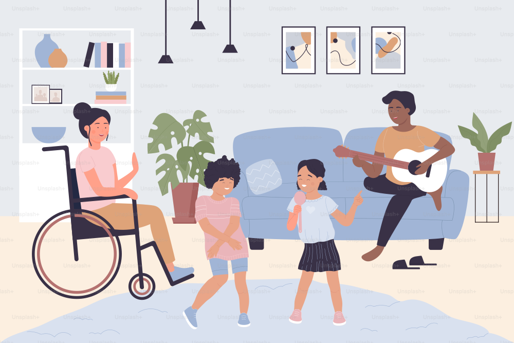 Happy people spend fun time at home together. Young father playing guitar on sofa, kids play game, mother sitting in wheelchair in hygge Scandinavian interior flat vector illustration. Family concept