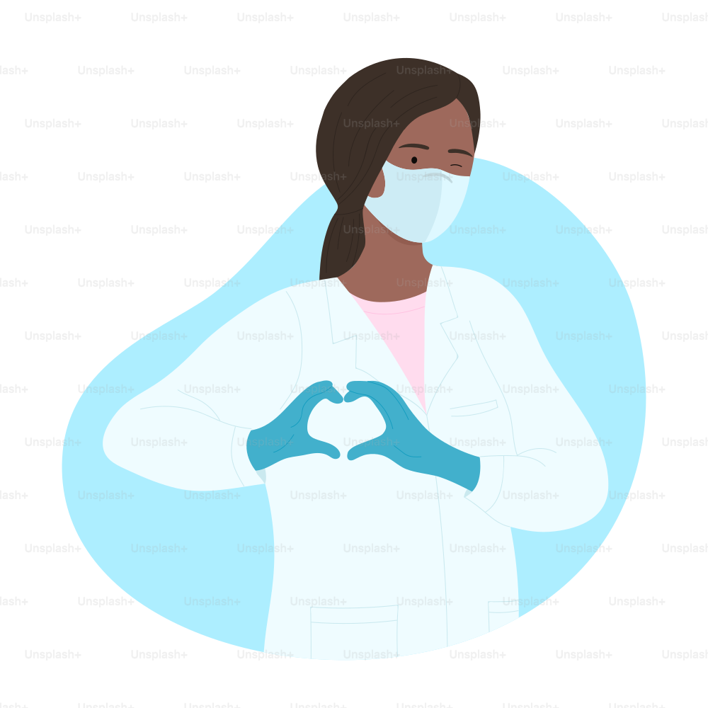 African female doctor wearing mask and showing heart. Medical care and health protection flat vector illustration