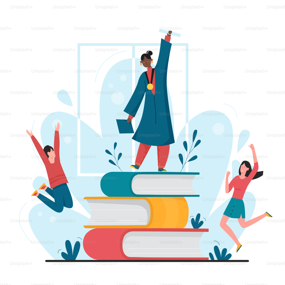 Graduate people students celebrate success graduation. Happy girl in cap and bachelor robe holding degree diploma, standing on many books flat vector illustration. Higher education, knowledge concept