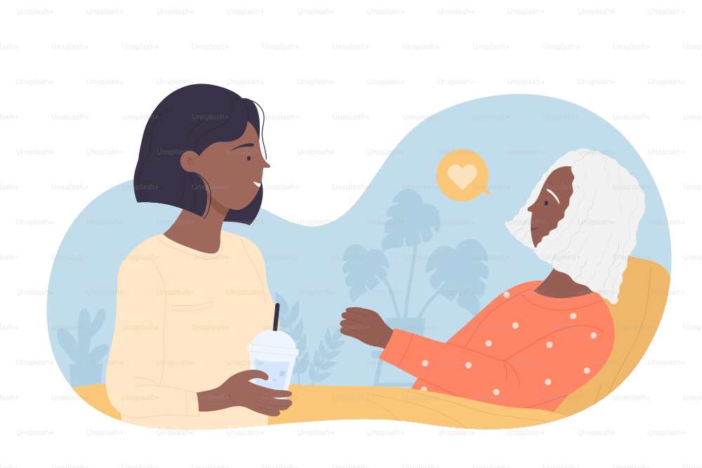 Elderly care service for seniors people. Volunteer girl nurse helping and supporting old african woman flat vector illustration