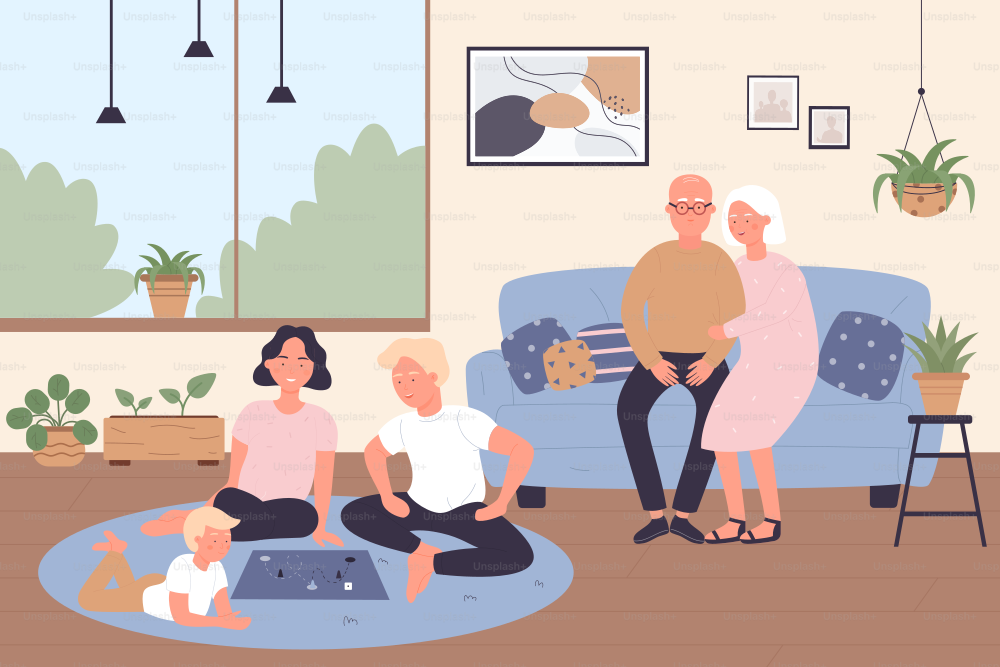Gran reunión familiar en casa juntos. Abuelos ancianos sentados en el sofá, padre, madre e hijo juegan al juego de mesa en el suelo en la moderna ilustración vectorial plana interior. Generación, concepto de género
