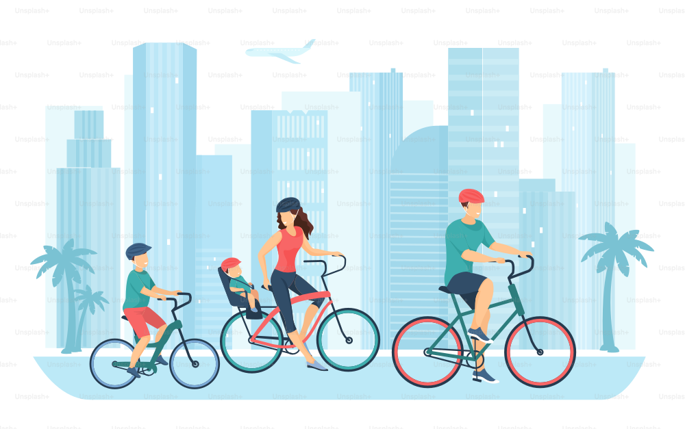 Große aktive Familie mit Kindern fährt Fahrrad auf der Stadtstraße. Eine Gruppe von glücklichen Radfahrern, die reisen, junge Eltern und Kinder, genießen Spaß am Wochenende flache Vektorillustration. Sport, gesunder Lebensstil