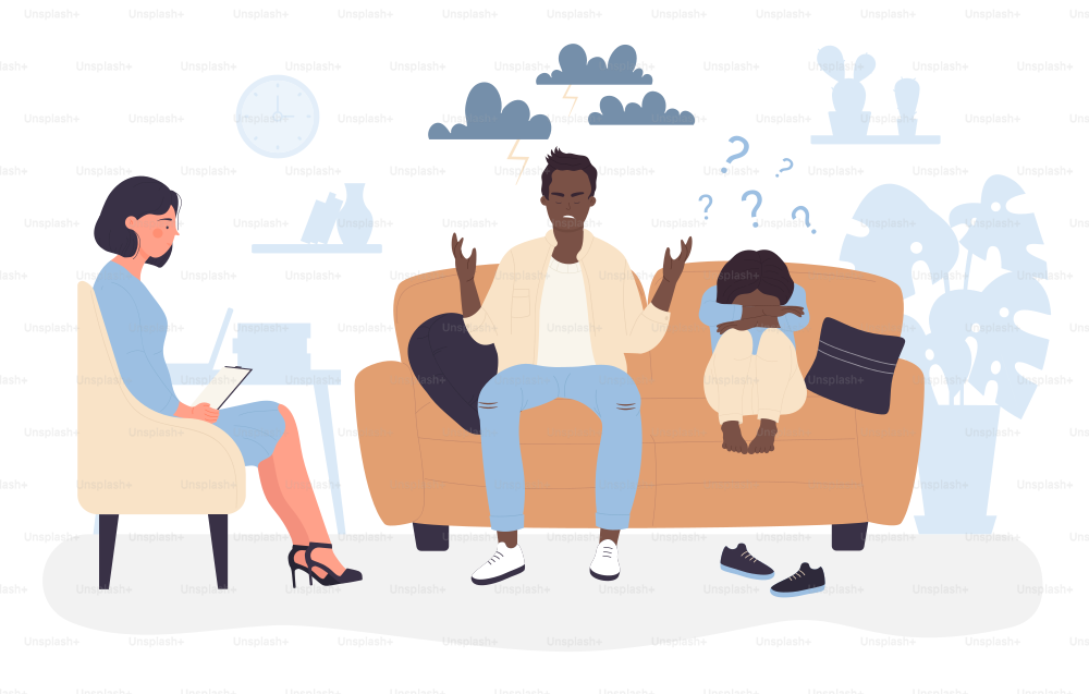 Family people and psychologist on counseling session. Discussion of woman, man and child about relationship problem, parent and kid sitting on couch flat vector illustration. Psychotherapy concept