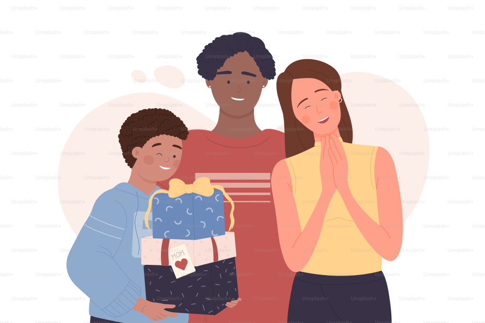 Lächelnde Kinder mit vorbereiteten Geschenken für Mama. Muttertagsfeier mit Geschenken flache Cartoon-Vektorillustration