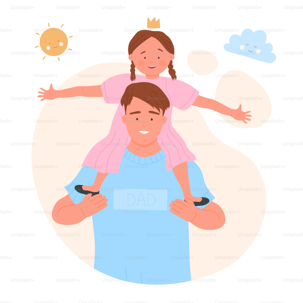 Happy girl sitting on smiling daddy neck. Spending beautiful family time together, daughter sitting on shoulders flat vector illustration