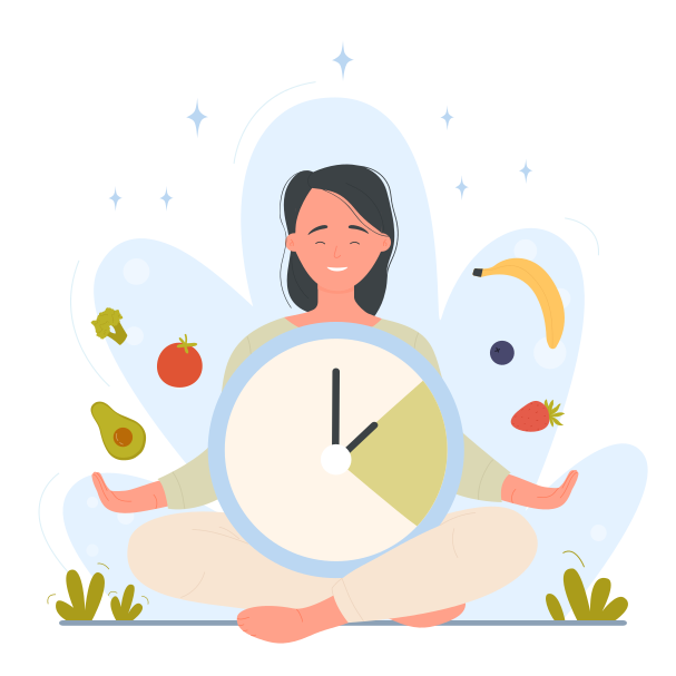Woman in lotus pose having healthy food program. Balanced diet nutrition with vitamins flat vector illustration