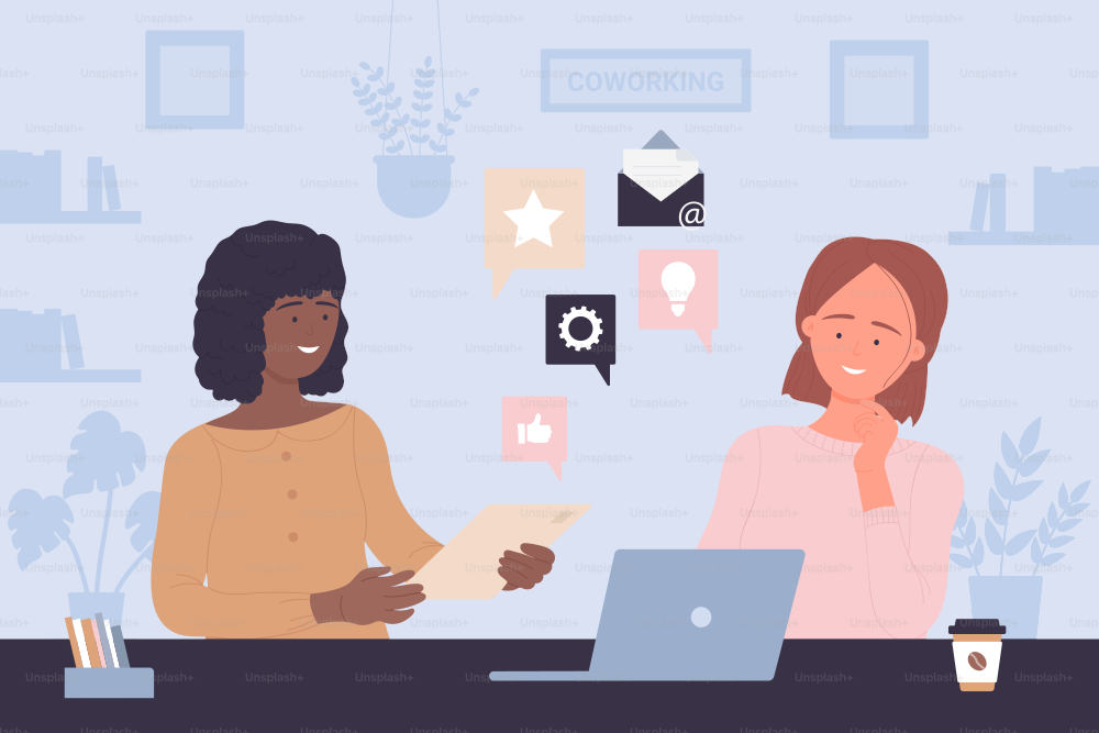 Group of female office workers working together, sitting with laptop at desk vector illustration. Cartoon people brainstorming with creative business and social media icons in coworking workspace