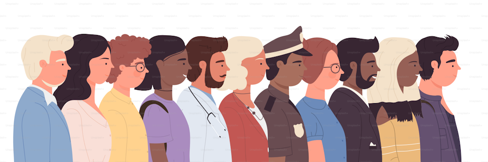 Multiracial diverse people side view. Multicultural crowd persons in profile posture flat cartoon vector illustration