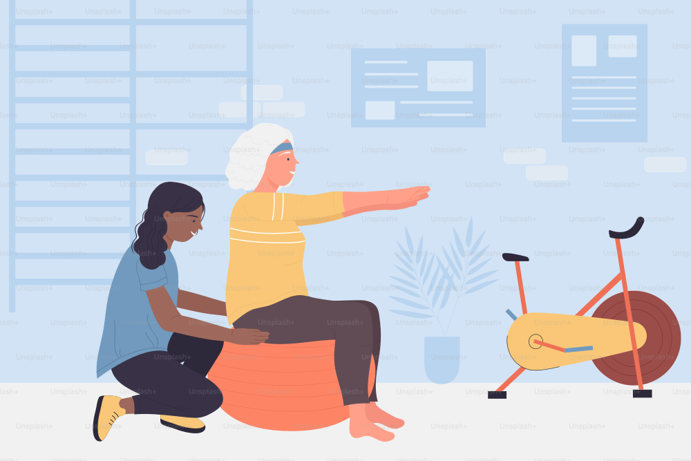 Senior woman doing rehabilitation program with trainer. Physiotherapy center and elderly care assistant flat vector illustration