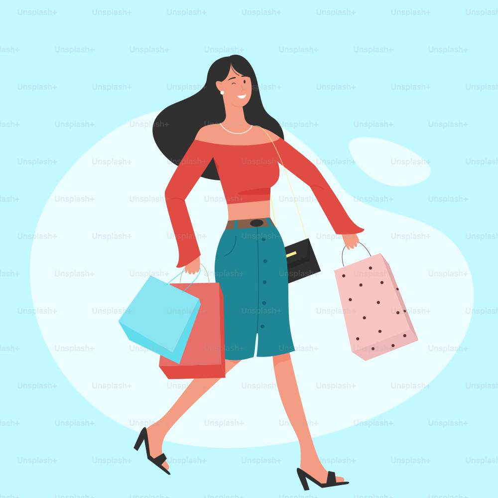 Happy young girl with shopping bags. Sale season and addictive shopper woman flat vector illustration