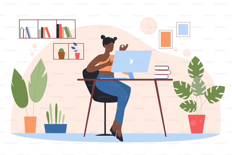 Online study of female student at home. Happy girl training at desk with computer and library books, doing homework or tests for exam flat vector illustration. Distance education, university concept