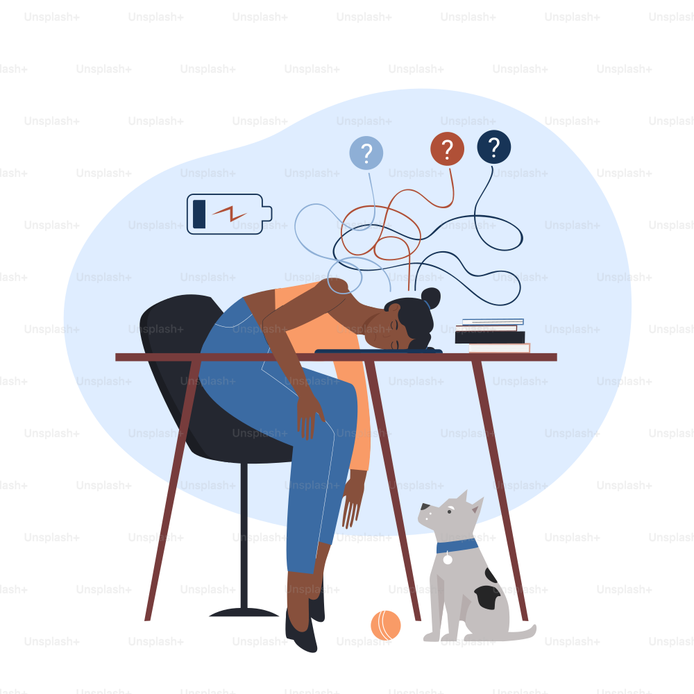 Work burnout and stress of unmotivated exhausted person. Sad tired woman sitting at desk with laptop and low battery, female confused office worker flat vector illustration. Crisis, tiredness concept