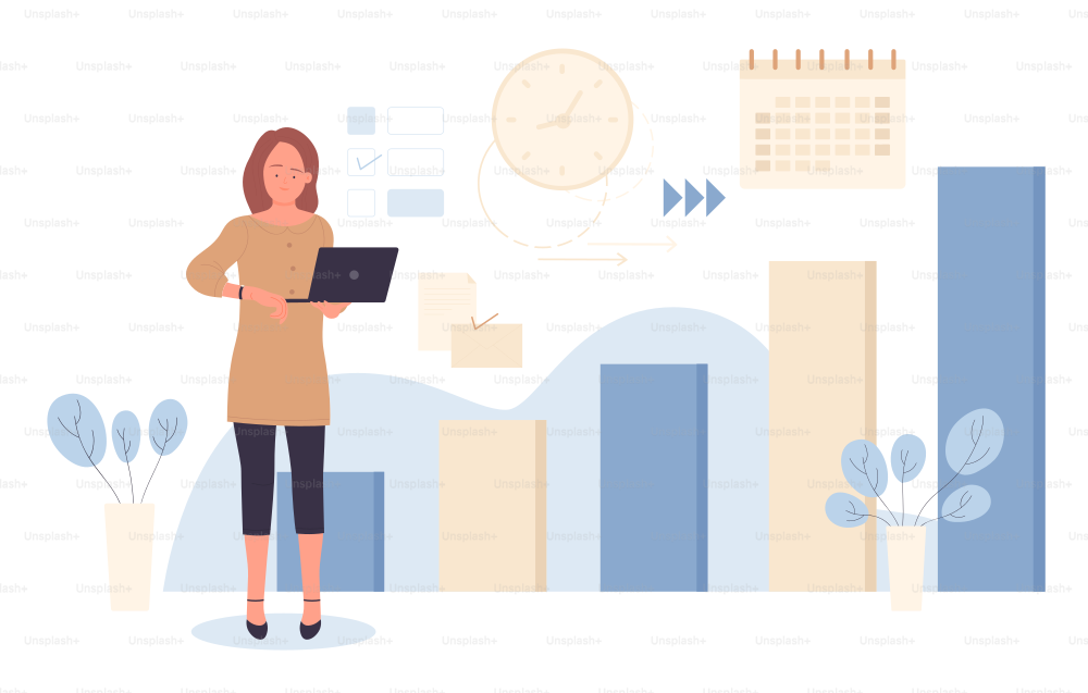 Business analysis of data report, financial plan and time management vector illustration. Cartoon tiny professional business analyst with laptop monitoring profit growth. Analytics service concept