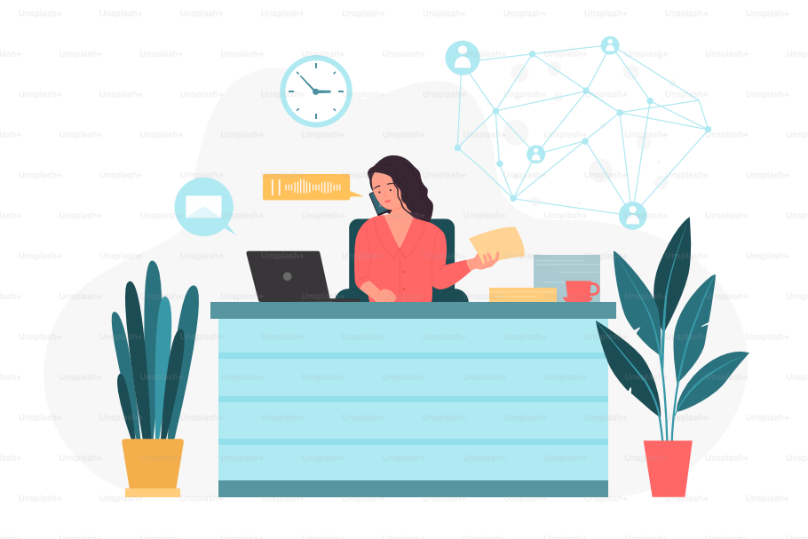 Organisation de l’entreprise, processus de travail et réseau mondial. Jeune femme d’affaires travaillant avec un ordinateur portable au bureau, femme de bureau formant l’illustration vectorielle plate. VOIP, concept de technologie téléphonique