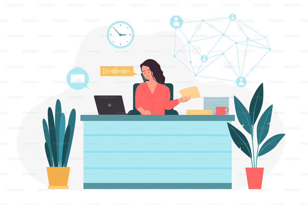 Business organization, work process and global network. Young businesswoman working with laptop at desk, female office worker training flat vector illustration. VOIP, telephony technology concept