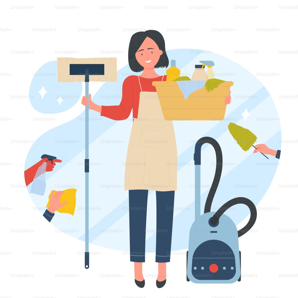 Professional worker of cleaning service with equipment and tools. Woman in apron holding mop and detergent basket, standing near vacuum cleaner flat vector illustration. Cleanup, agency concept