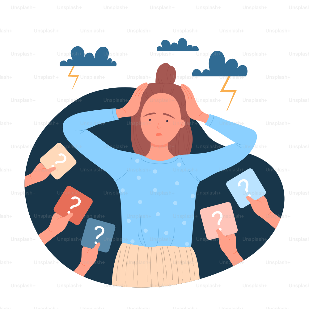Confused girl with problem. Hands of people holding question mark to ask young woman, portrait of lost thoughtful student in doubt flat vector illustration. Dilemma, riddle, difficulty concept