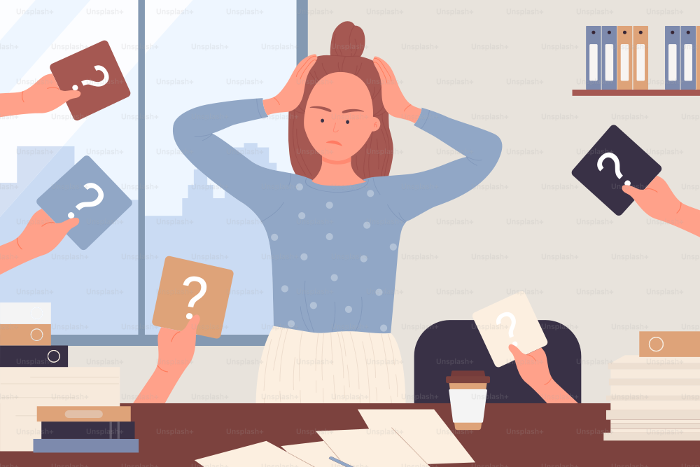 Female character under stress from difficult tasks, looking for answer vector illustration. Cartoon young woman sitting at office desk in doubt, confused lady with many hands holding question marks