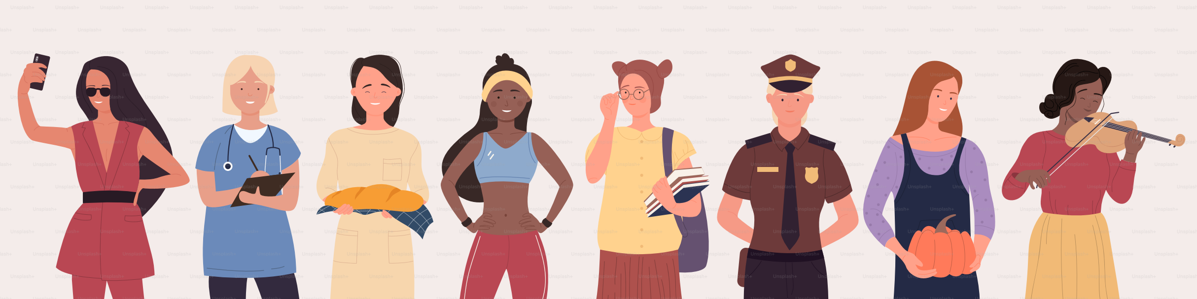 Personagens femininas de diferentes ocupações e profissões em ilustração vetorial em conjunto de linhas. Grupo de diversidade de desenhos animados de mulheres profissionais fardadas, equipe de jovens isolados em branco